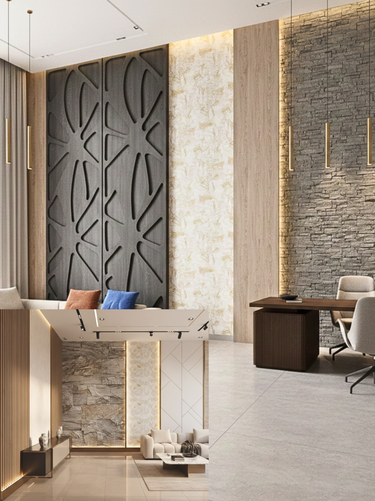 Modern luxury interior wall design with decorative wall panels, stone texture cladding, wooden louvers and ambient lighting by Alpine Agencies